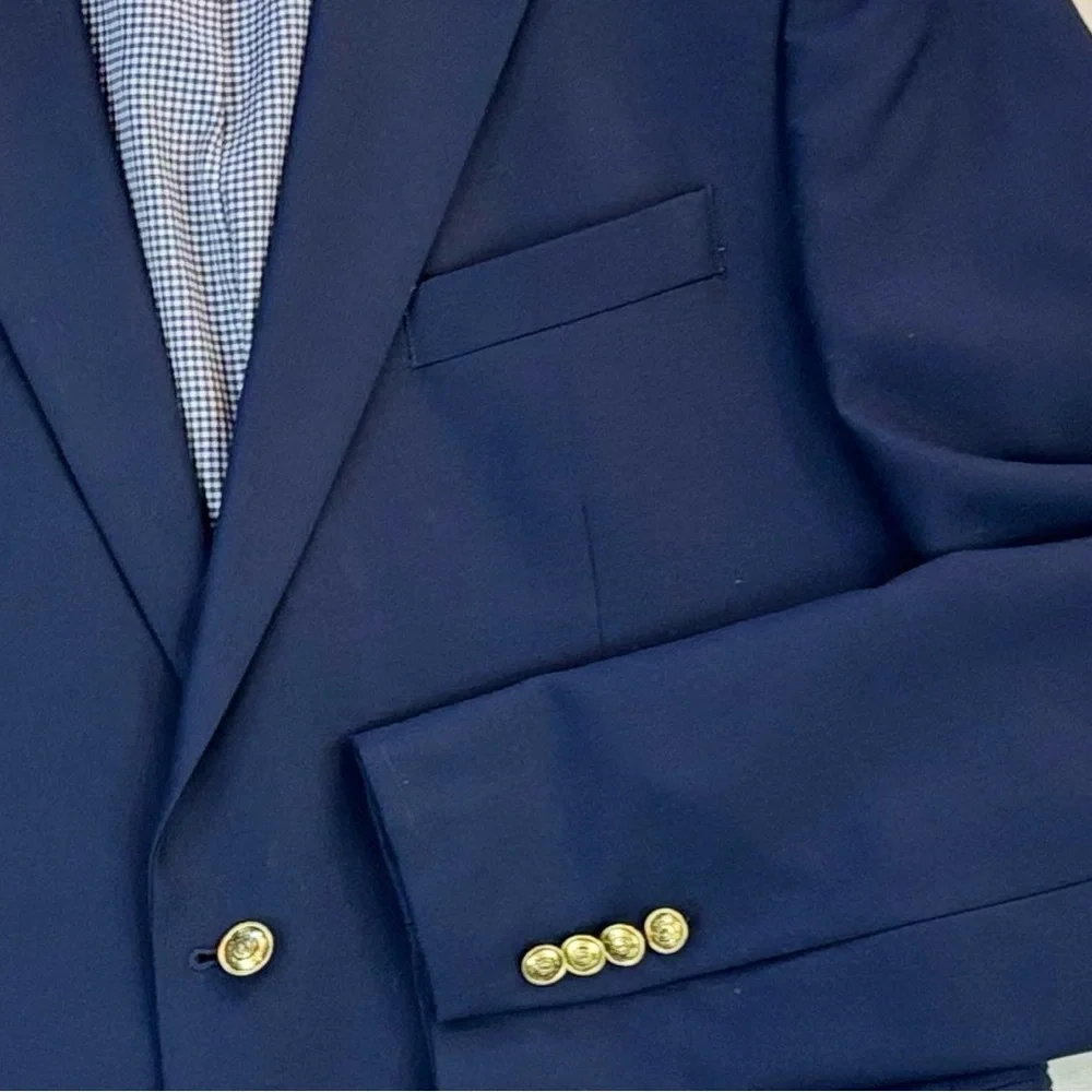 STAFFORD Hopsack Navy Blazer Gold Button Blue Gingham Preppy Wool Business 44L‎